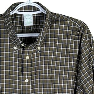 Brooks Brothers Slim Fit Button Down Shirt Men XL Green Plaid Non-Iron Stretch